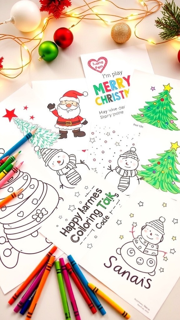 Colorful Christmas coloring pages with Santa, trees, and snowmen on a table with crayons.